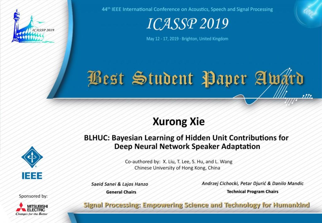 IEEE ICASSP 2019 Best Student Paper Award Department of Systems